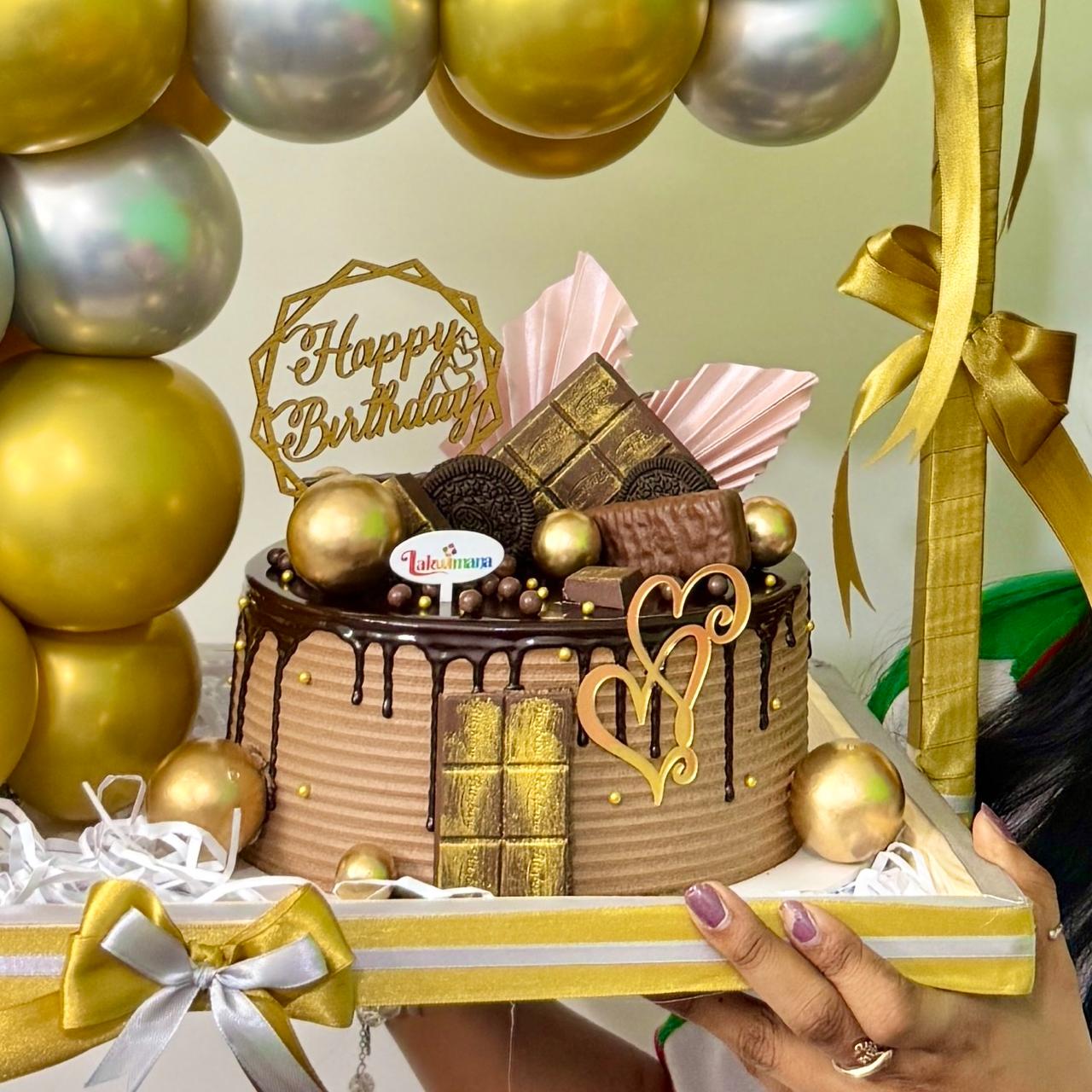 Golden Glow Balloon Hamper With Cake